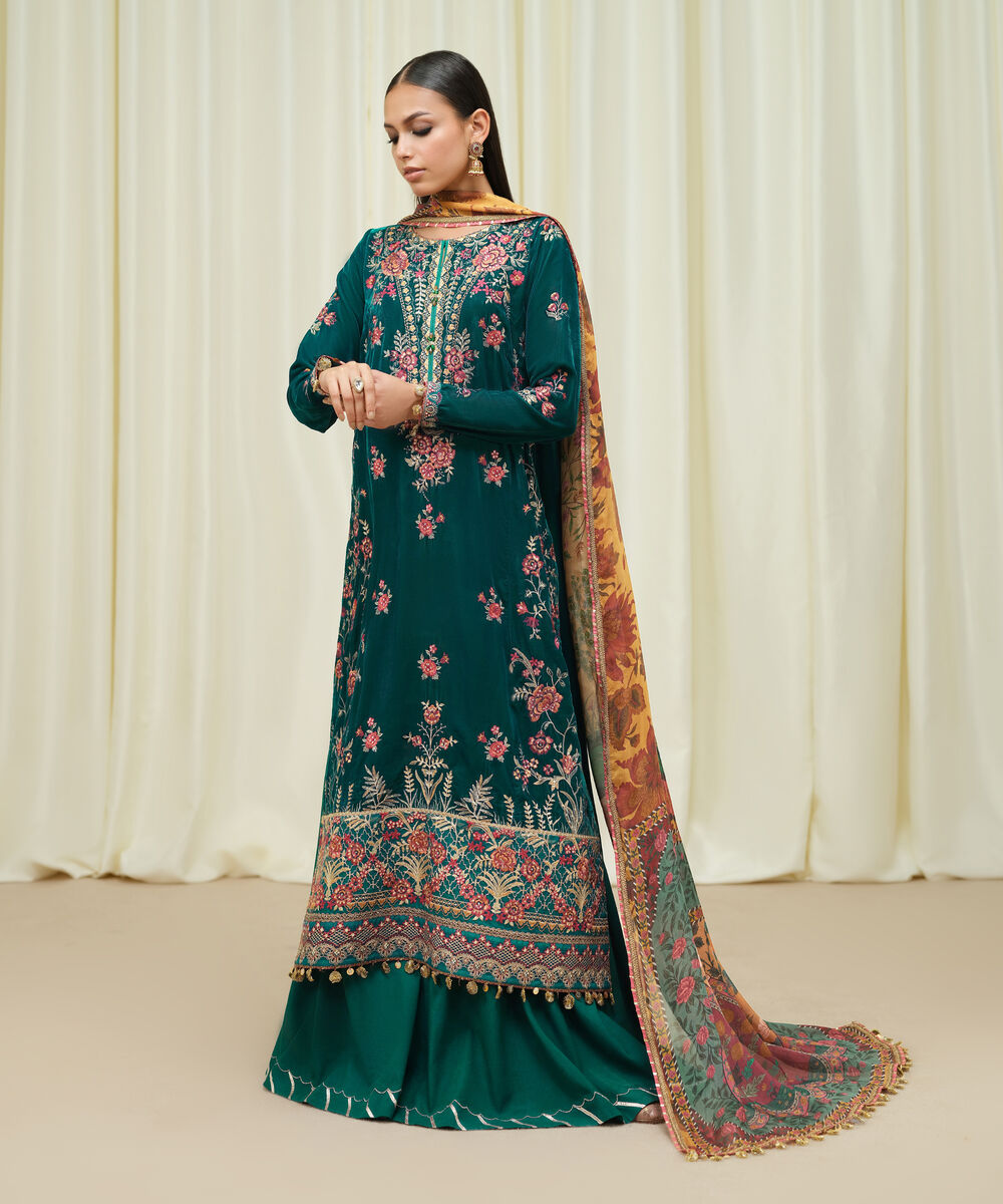 Women's Unstitched Velvet Embroidered Green 3 Piece Suit