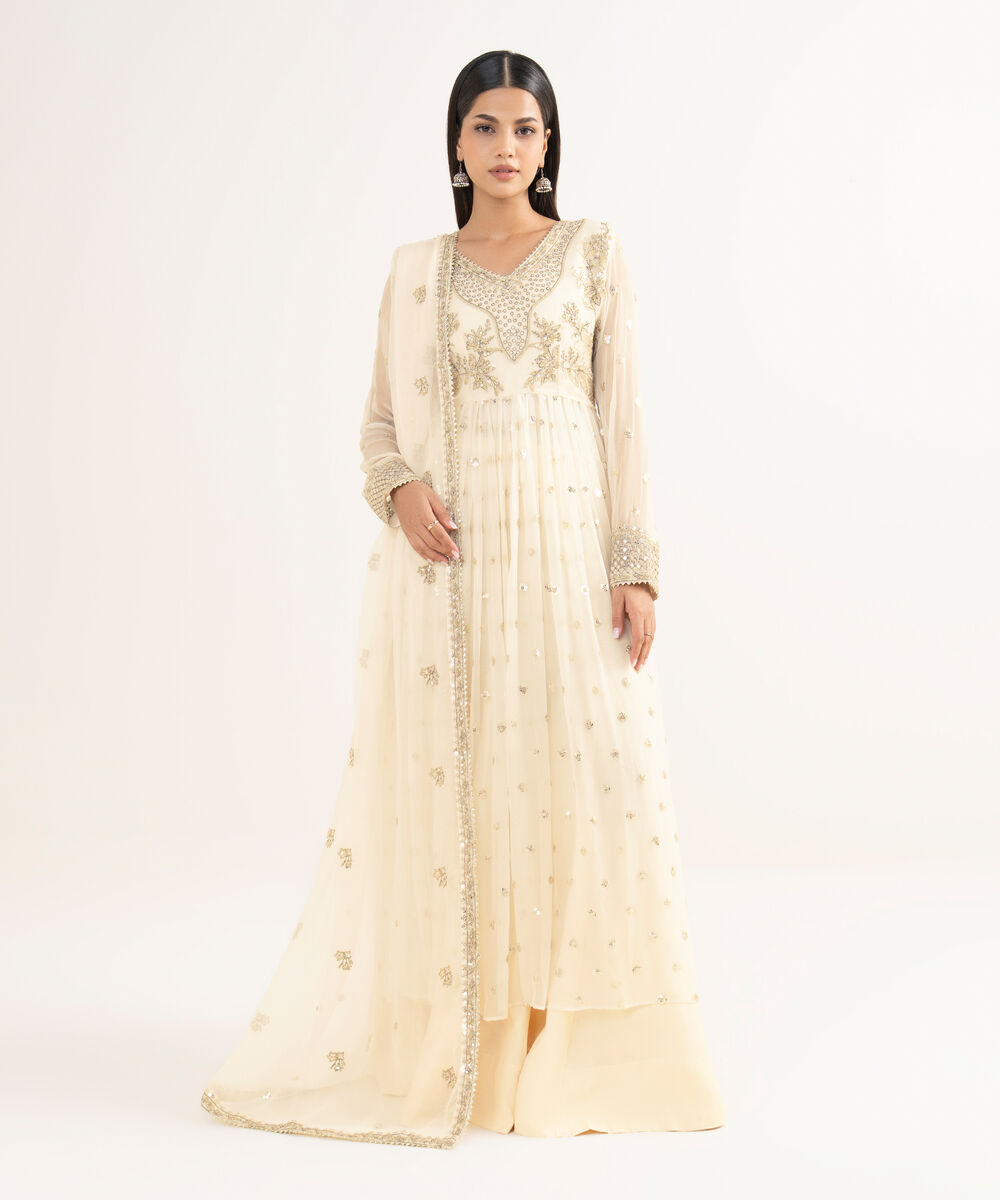 Women's RTW Crinkle Chiffon White Embroidered 3 Piece Suit