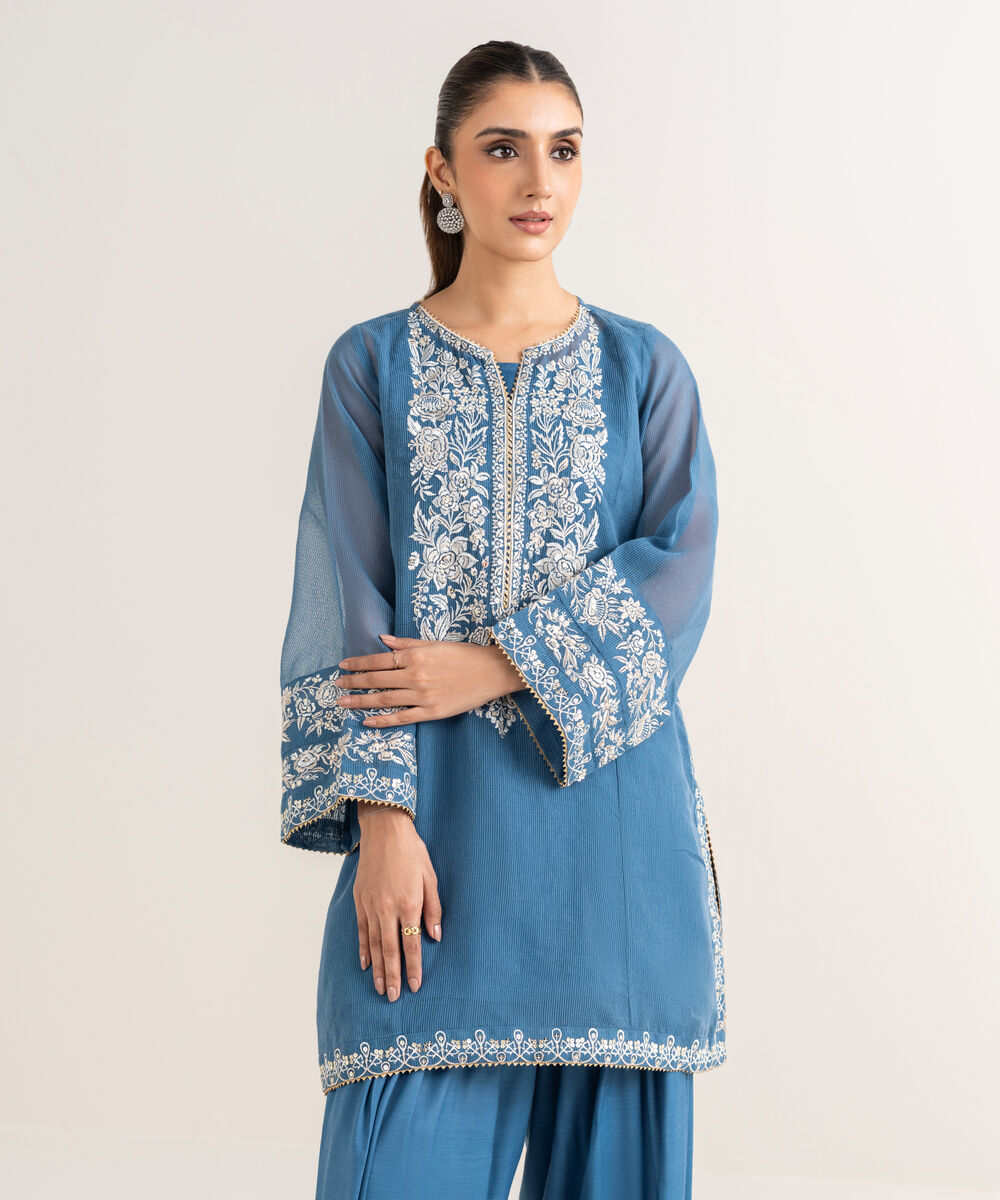 Women's RTW Blended Textured Karandi Embroidered Straight Blue Shirt