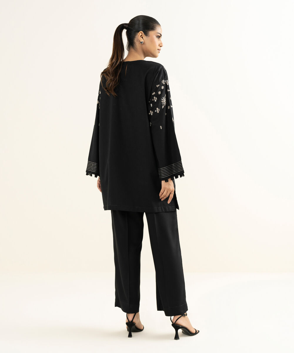 Women's RTW Linen Viscose Embroidered Black Boxy Shirt