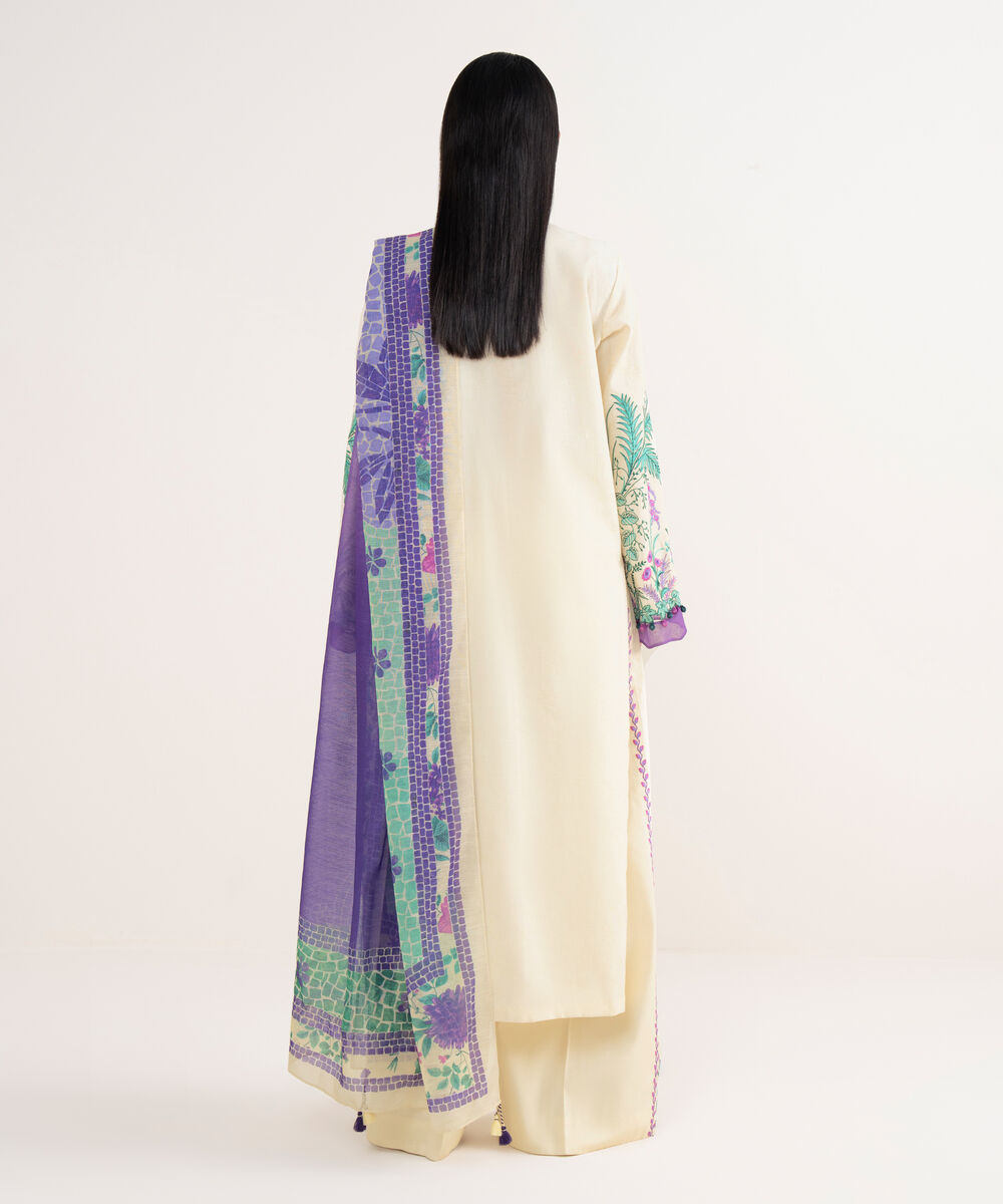 Women's Unstitched Cotton Jacquard Embroidered Off White 3 Piece Suit