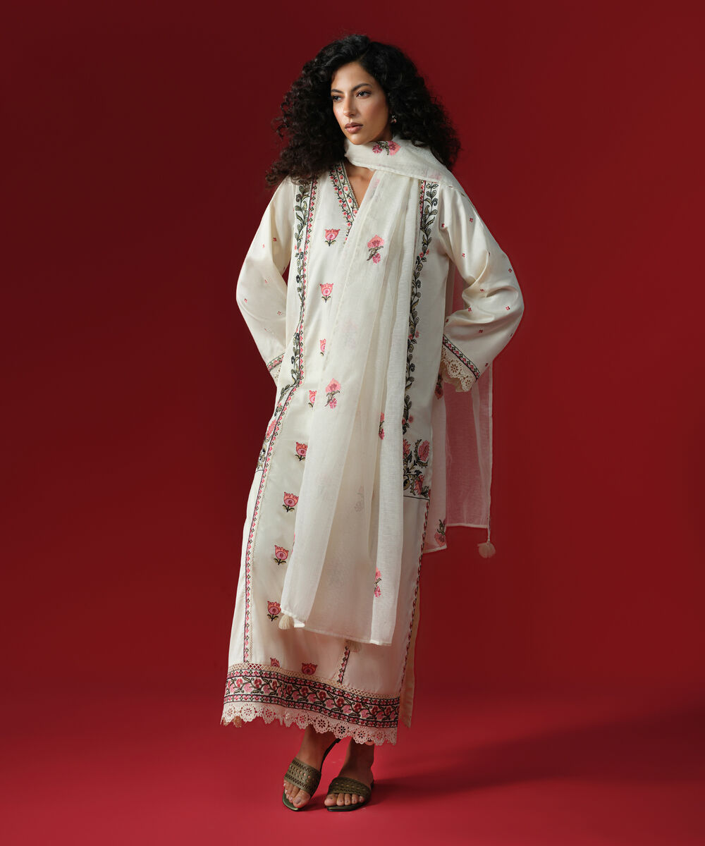 Women's RTW Cotton Satin Off White Embroidered A-Line Shirt