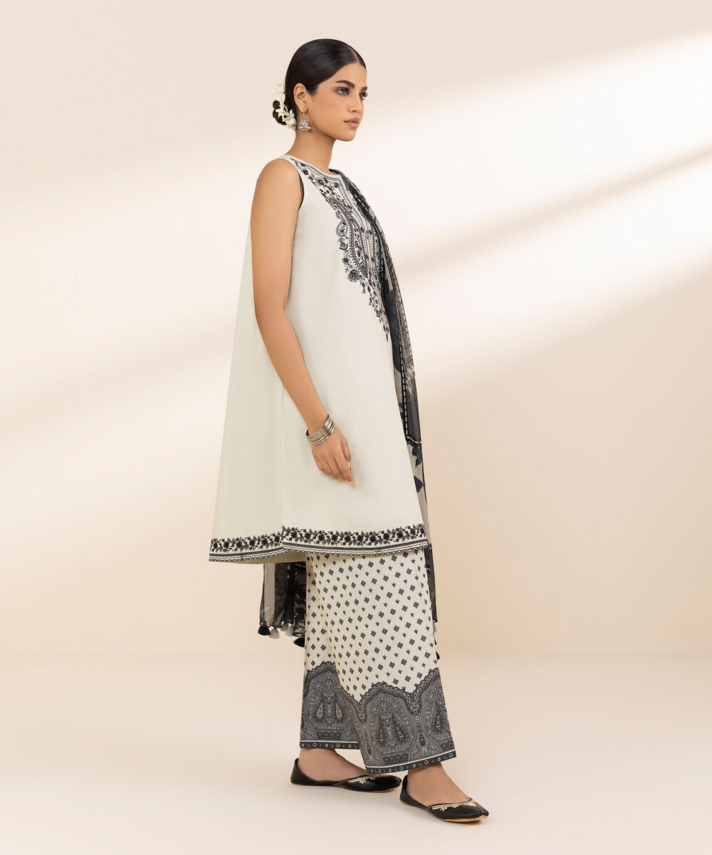 Women's Unstitched Lawn Embroidered Off White 3 Piece Suit
