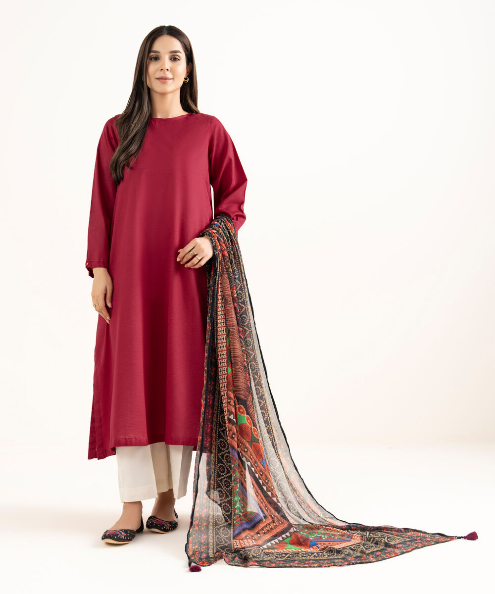 Women's RTW Textured Cotton Red  Solid A-Line Shirt