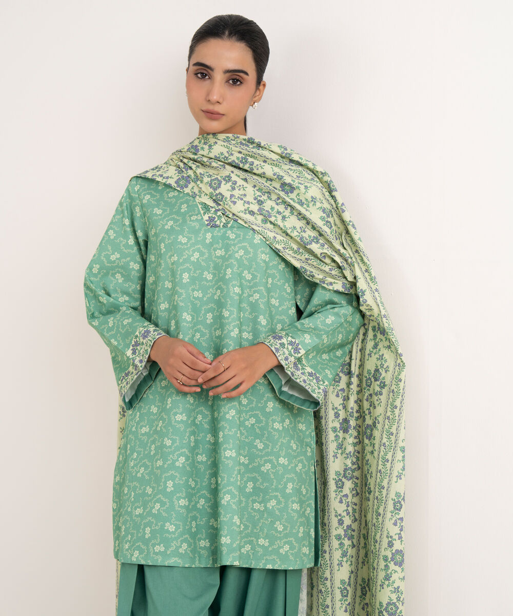 Women's Unstitched Cotton Printed Green Three Piece Suit