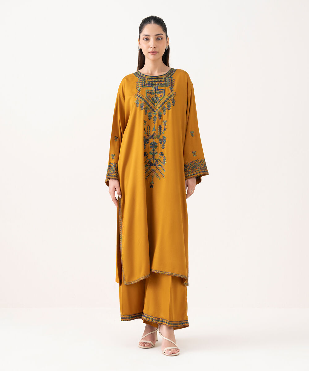 Women's RTW Bedford  Embroidered Mustard Drop Shoulder Shirt