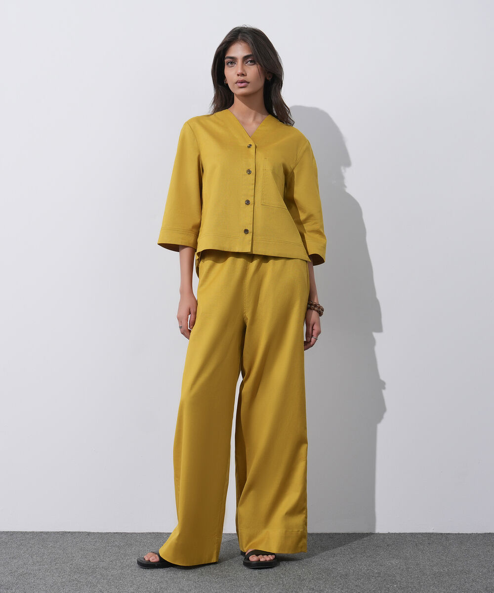 Women's Western Wear Mustard V-Neck Linen Blend Shirt