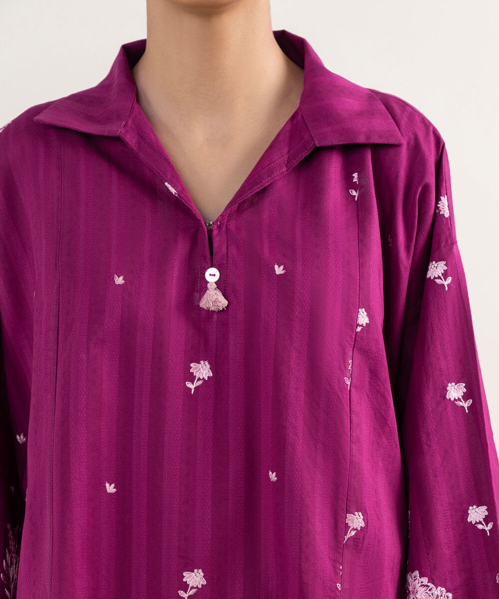 Women's RTW Textured Lawn Purple Embroidered Drop Shoulder Shirt