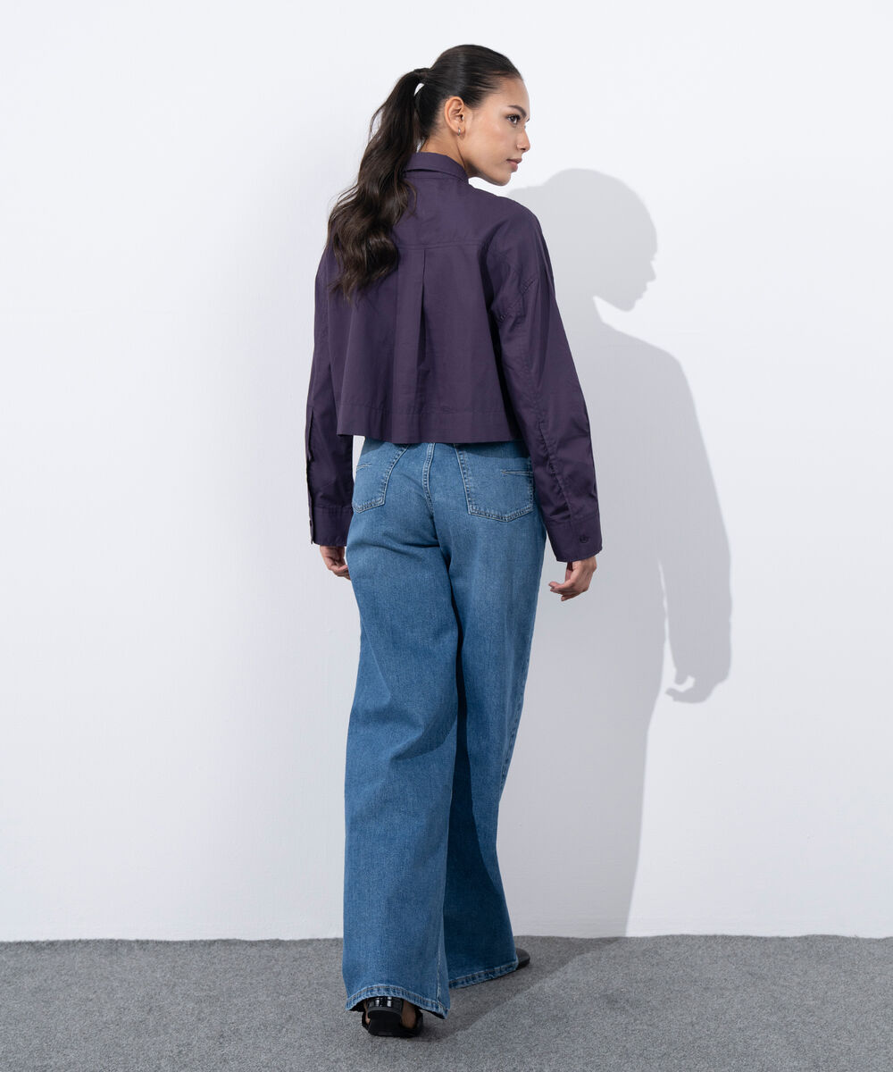 Women's Western Wear Purple Crop Shirt With Overlapped Cuff