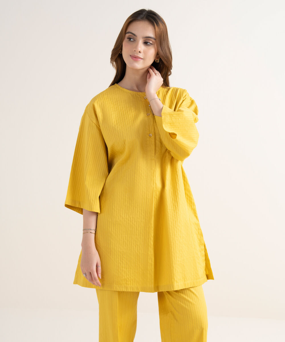 Women's RTW Handwoven Dobby Solid Straight Yellow Shirt