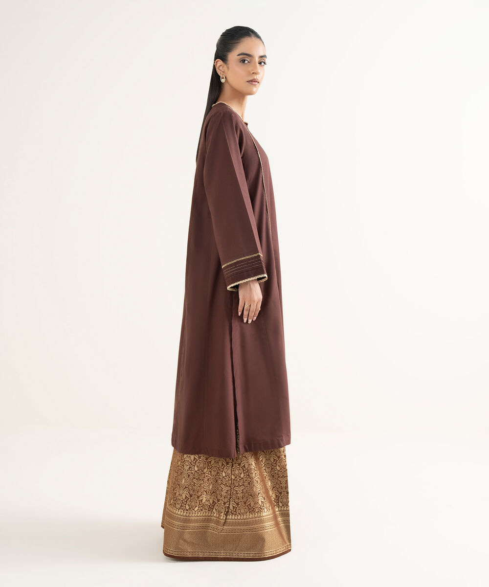 Women's RTW Cambric Solid A-Line Brown Shirt