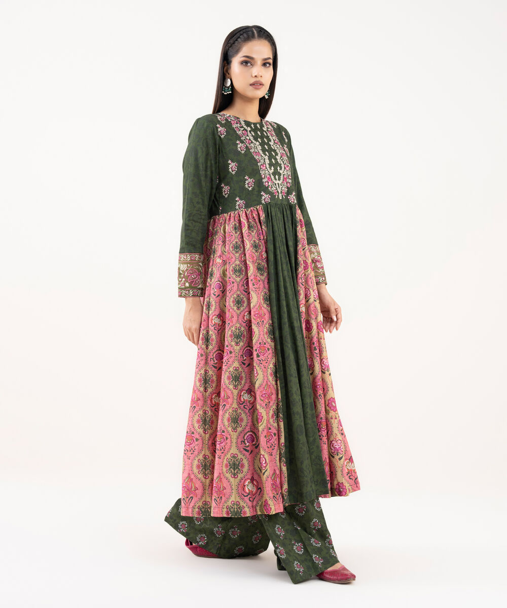 Women's RTW Lawn Viscose Green Embroidered Pishwas