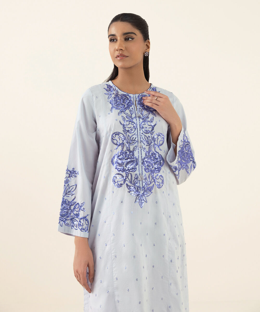 Women's RTW Cotton Jacquard Purple Embroidered A-Line Shirt