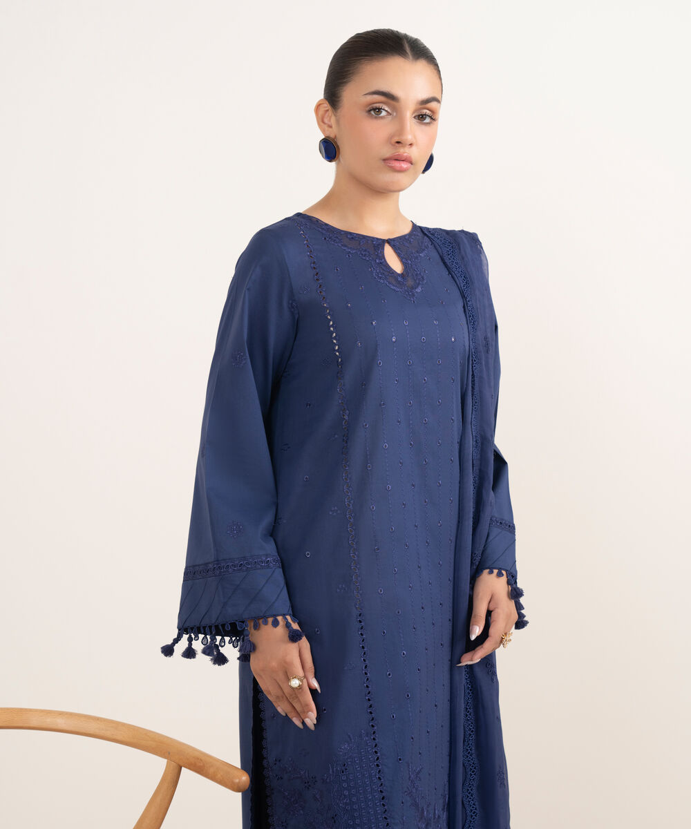 Women's Unstitched Lawn Embroidered Blue 3 Piece Suit