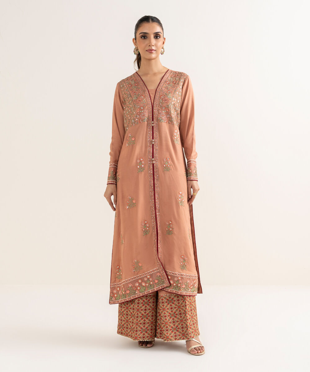 Women's RTW Viscose Raw Silk Pink Embroidered Peshwas