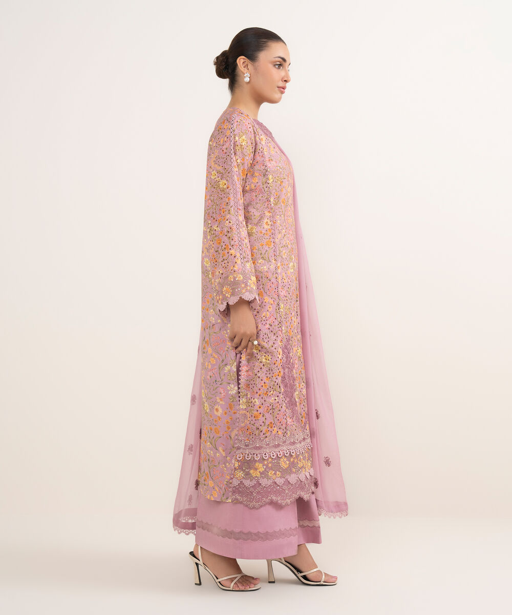 Women's Unstitched Cotton Embroidered Pink 3 Piece Suit