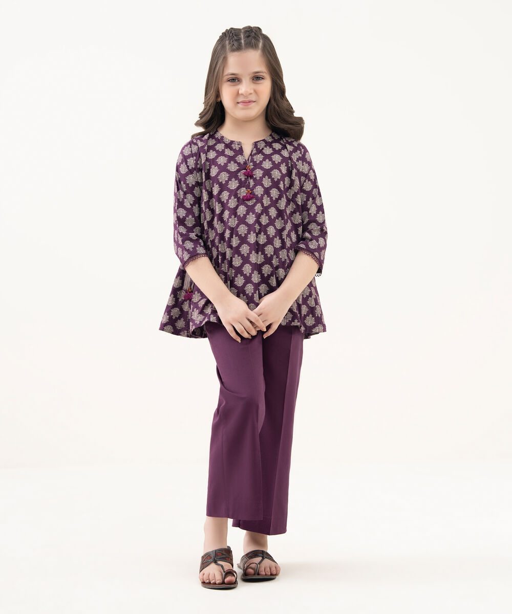 Girl's Cotton Viscose Printed Purple 2 Piece Suit