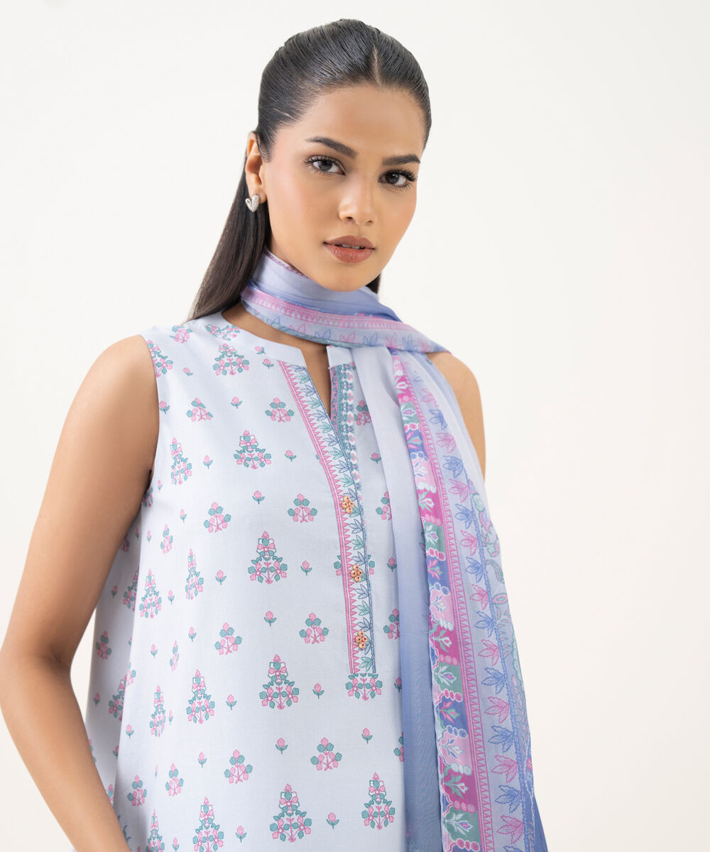 Women's Unstitched Cotton Printed Blue 3 Piece Suit