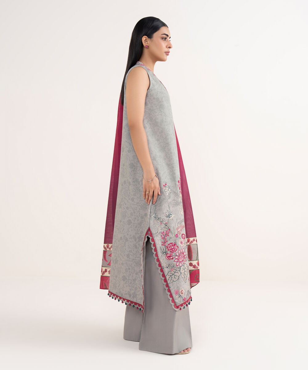 Women's Unstitched Cotton Jacquard Embroidered Grey 3 Piece Suit