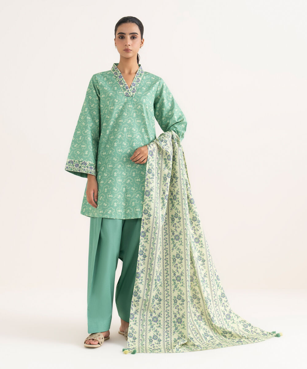 Women's Unstitched Cotton Printed Green Three Piece Suit
