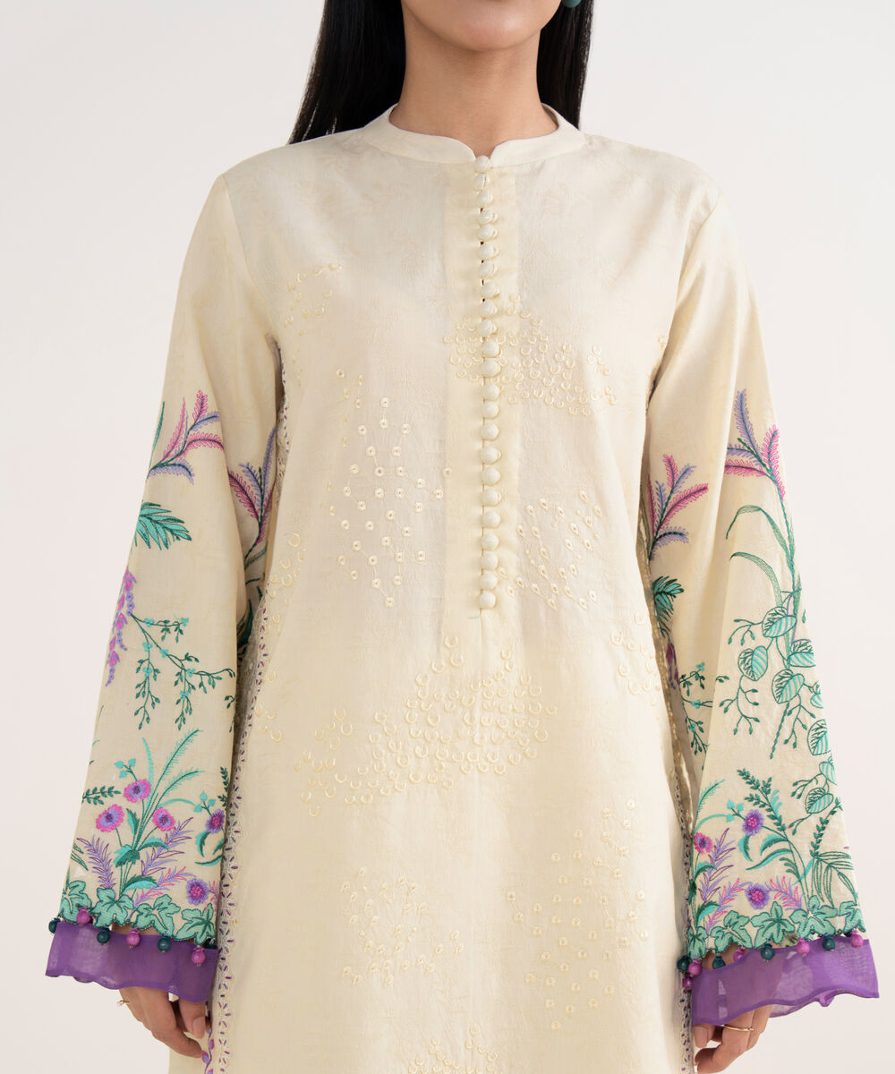 Women's Unstitched Cotton Jacquard Embroidered Off White 3 Piece Suit