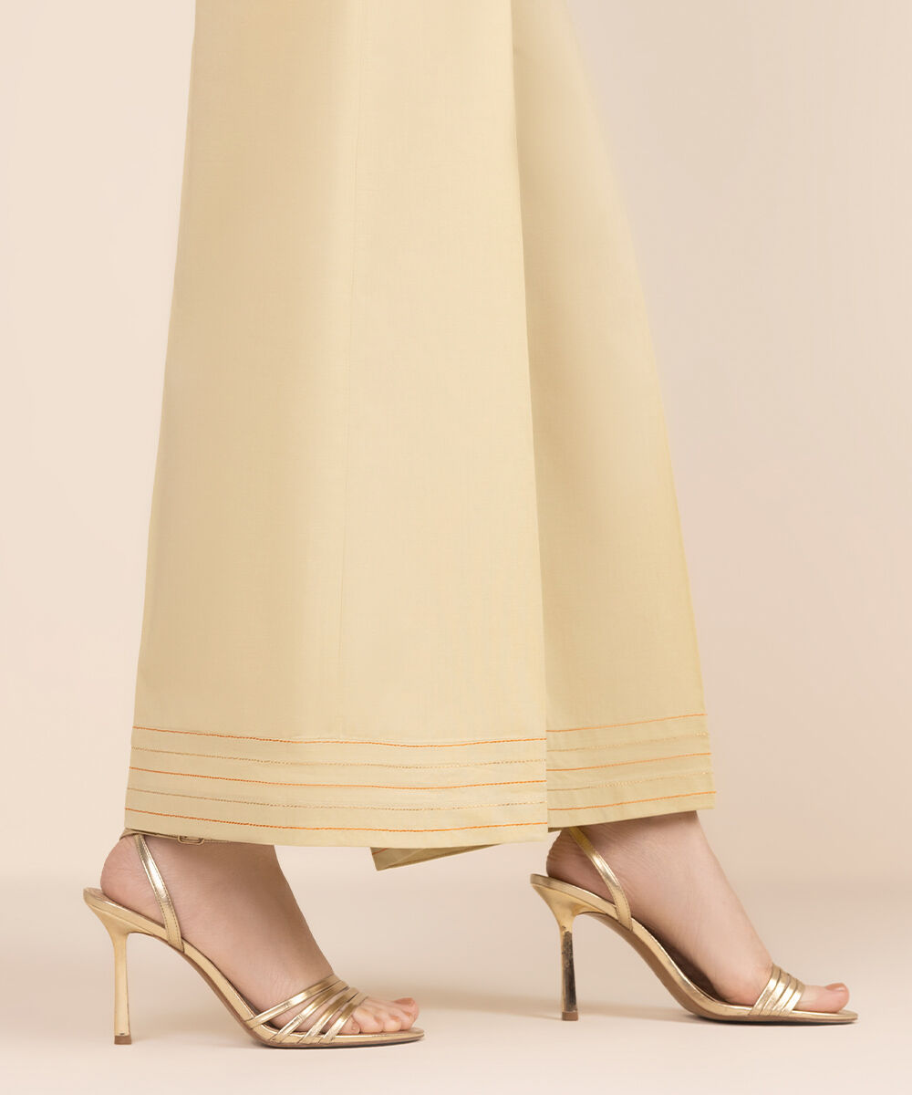 Women's RTW Cambric Beige Solid Flared Pants