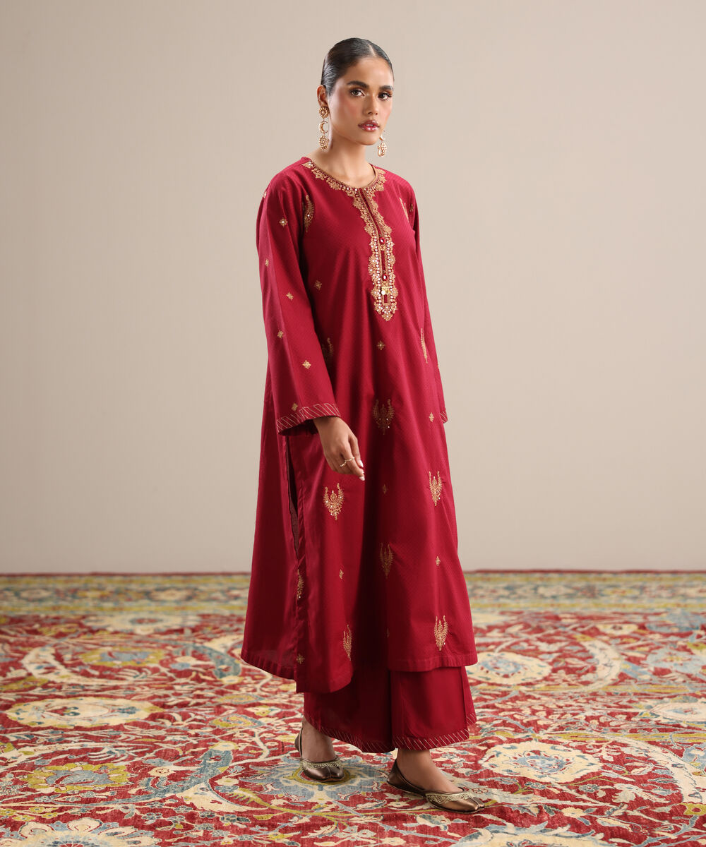 Women's RTW Textured Cotton Maroon Embroidered Straight Shirt