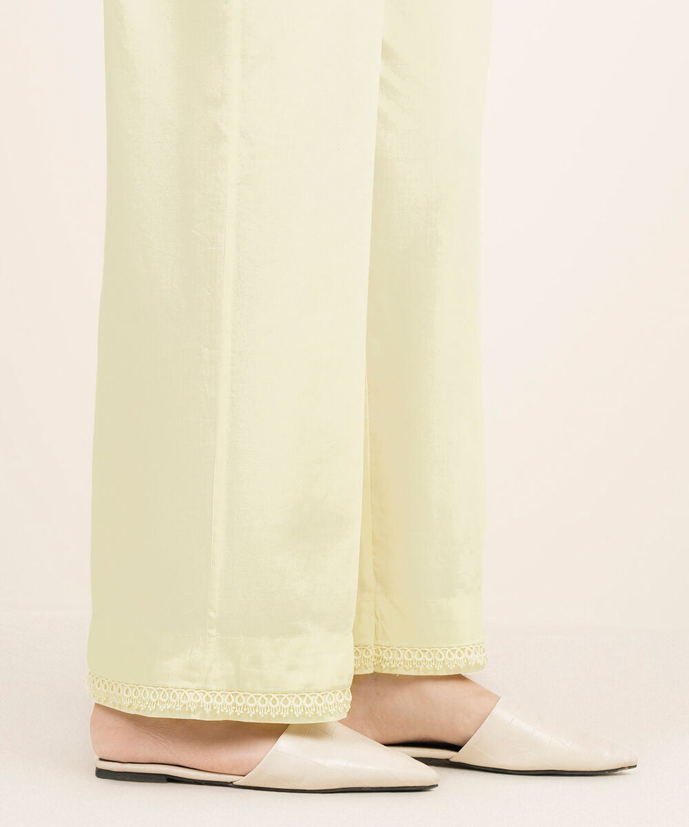 Women's RTW Cotton Viscose Solid Off White Straight Pants