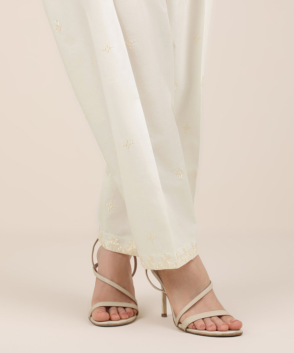 Women's RTW Cambric White Embroidered Shalwar