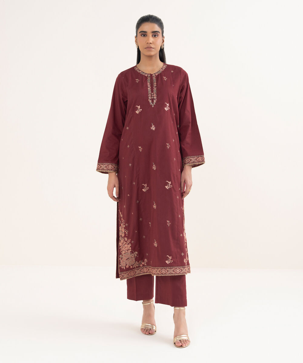 Women's RTW Cotton Viscose Embroidered Red A-Line Shirt