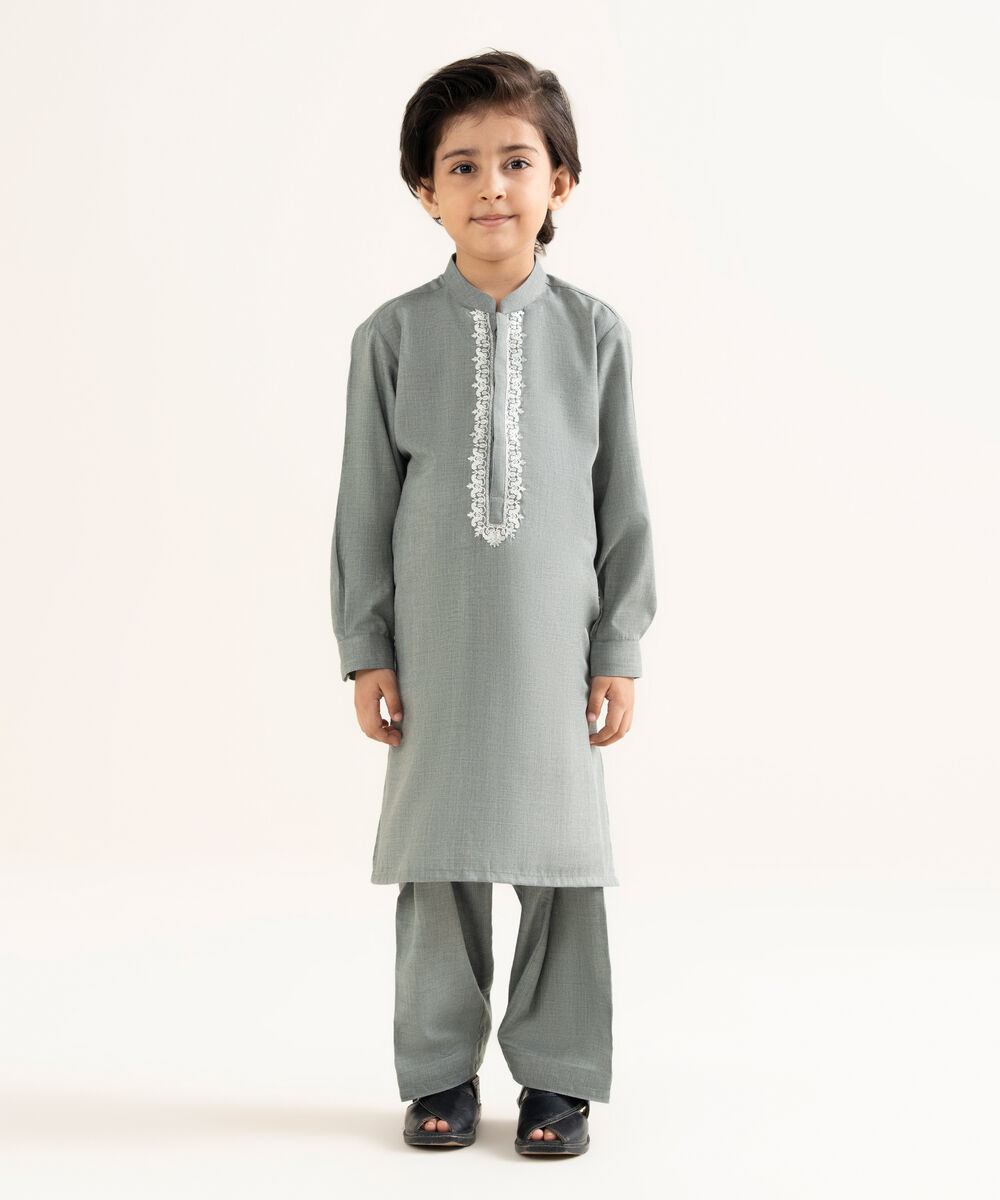 Men's Textured Wash & Wear Embroidered Grey Kurta Shalwar
