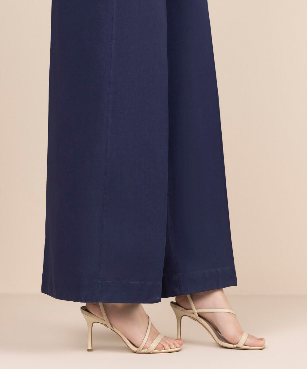 Women's RTW Cambric Blue Solid Flared Pants