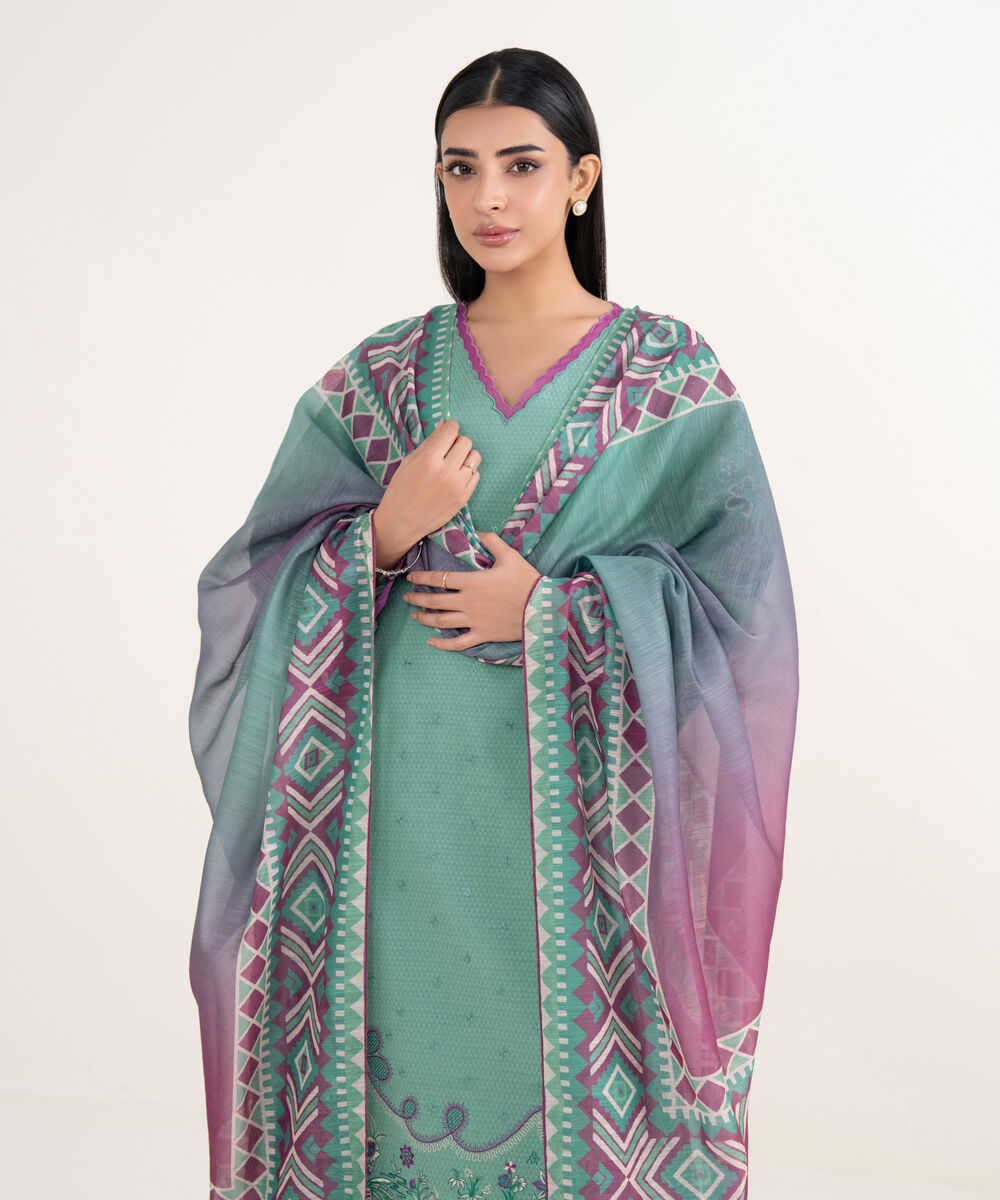 Women's Unstitched Dobby Embroidered Green 3 Piece Suit