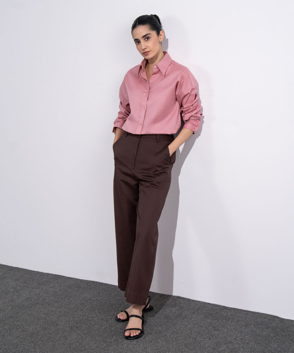 Women's Western Wear Maroon Straight Fit Linen Blend Trousers