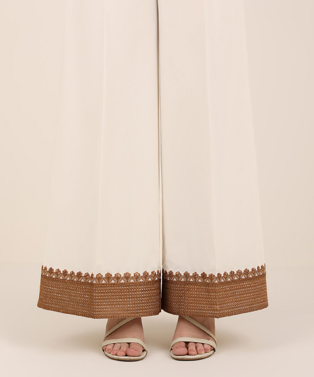 Women's RTW Cambric Beige Embroidered Flared Pants