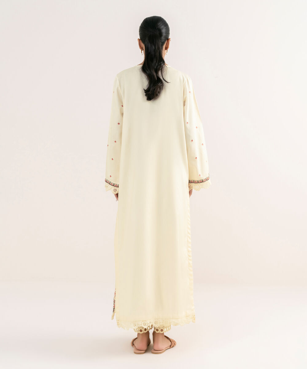 Women's RTW Cotton Satin Off White Embroidered A-Line Shirt