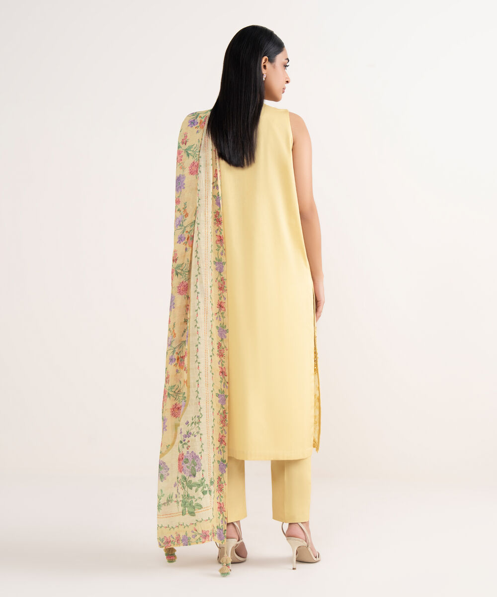 Women's Unstitched Fine Cotton Satin Embroidered Yellow 3 Piece Suit