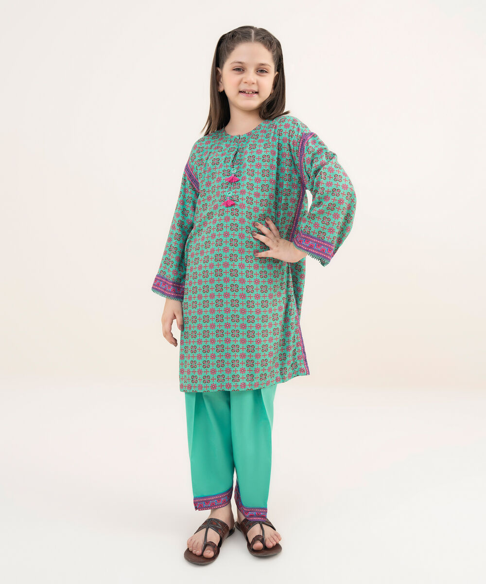Girl's RTW Arabic Lawn Teal Printed 2 Piece Suit