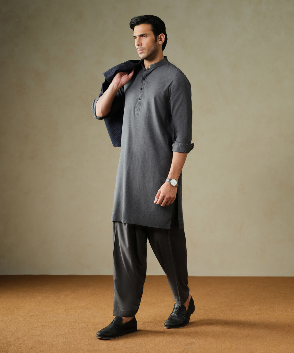 Men's Textured Wash & Wear Plain Charcoal Kurta Shalwar
