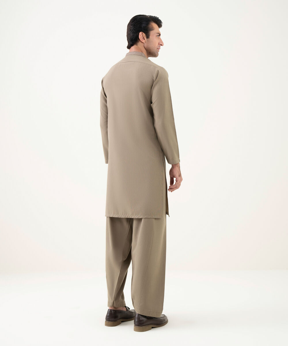 Men's Viscose Embroidered Beige Kurta Shalwar