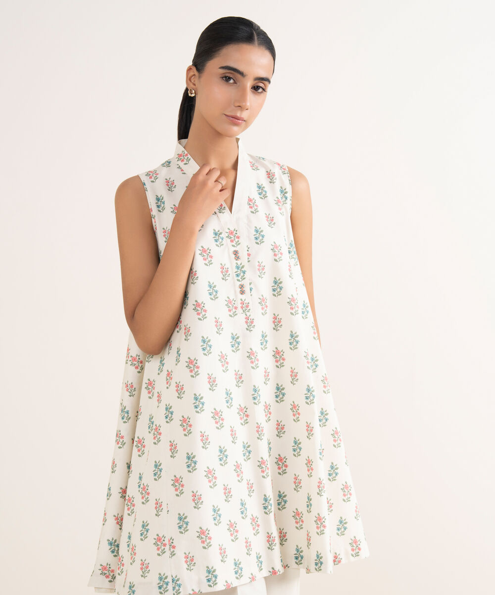 Women's Unstitched Cotton Printed Off White 2 Piece Suit