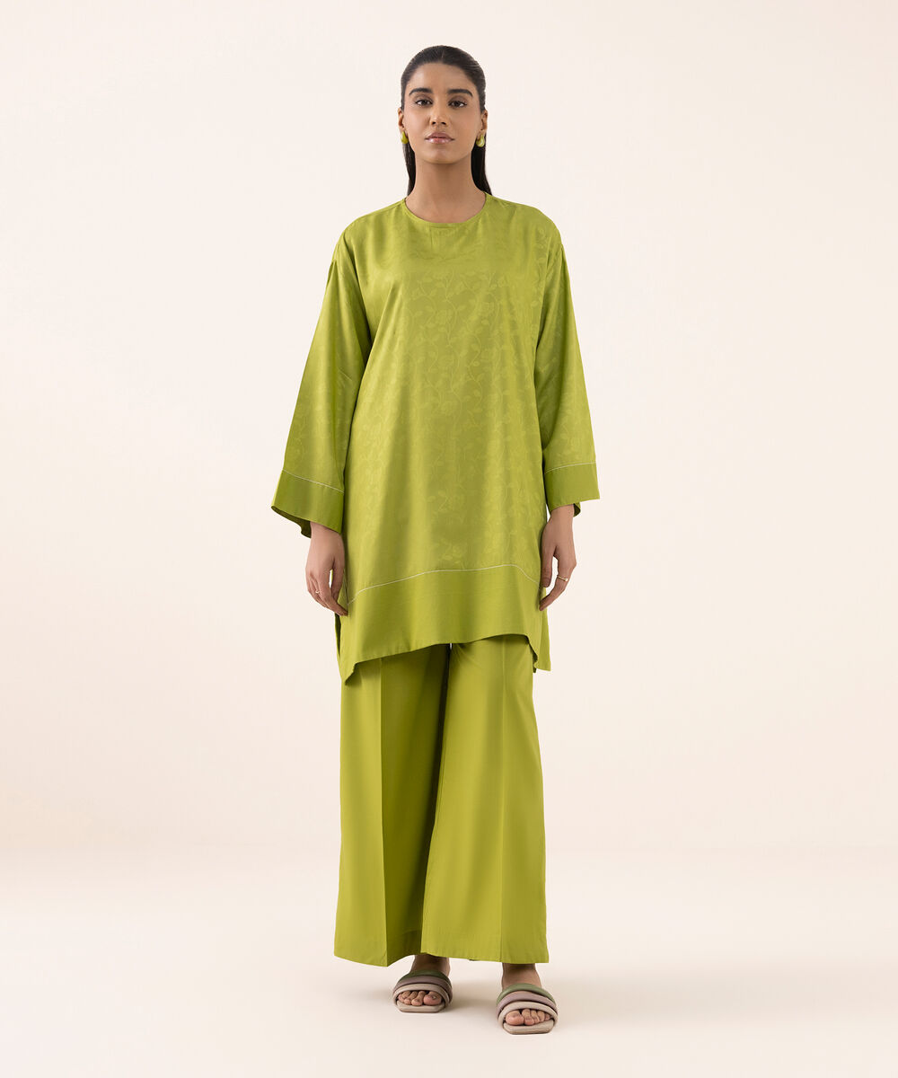 Women's RTW  Arabic Self Jacquard Leno  Green Dyed Drop Shoulder Shirt