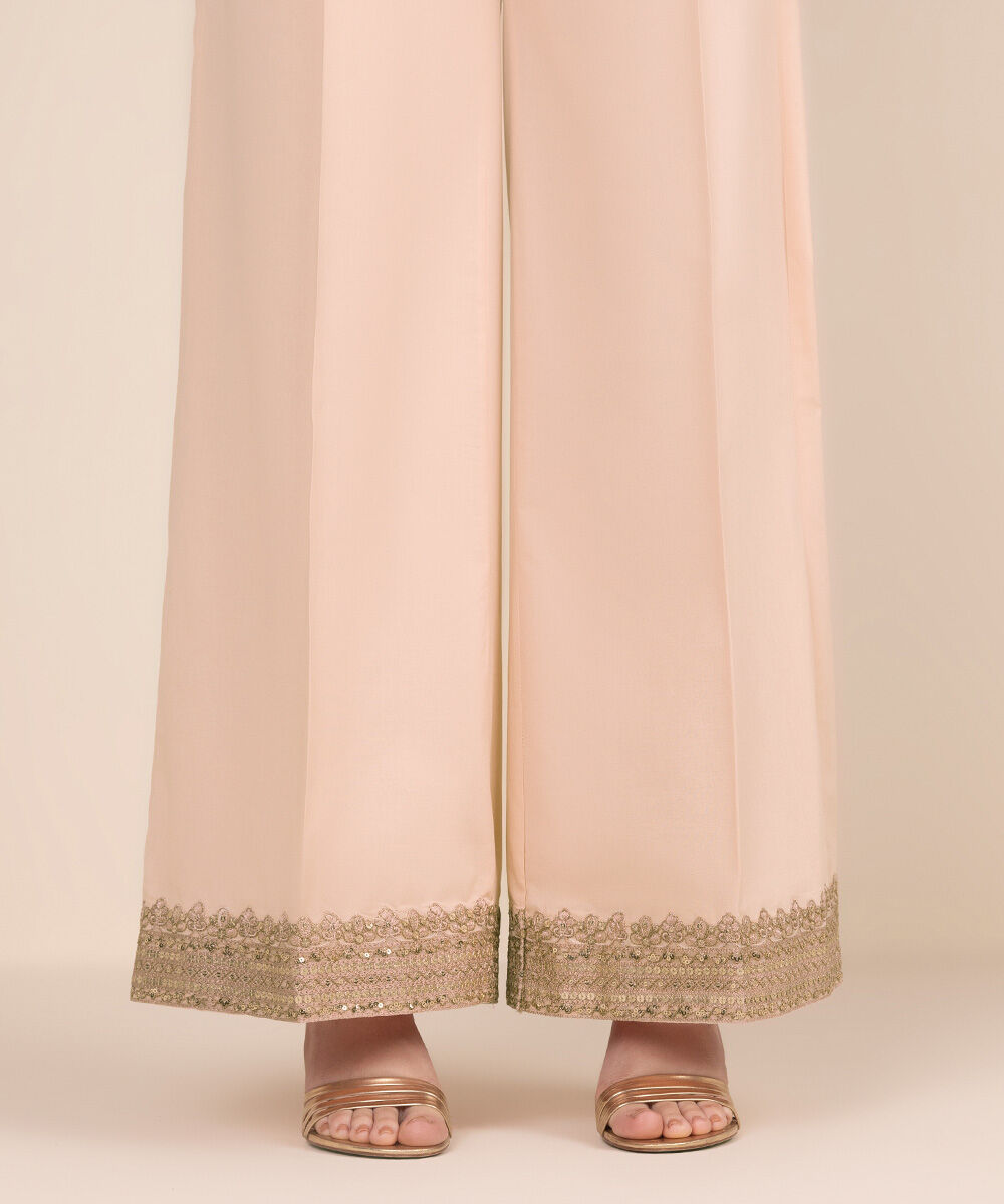 Women's RTW Cambric Pink Embroidered Flared Pants