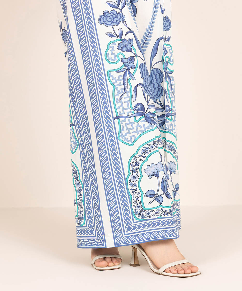 Women's RTW Cambric Blue Printed Flared Pants