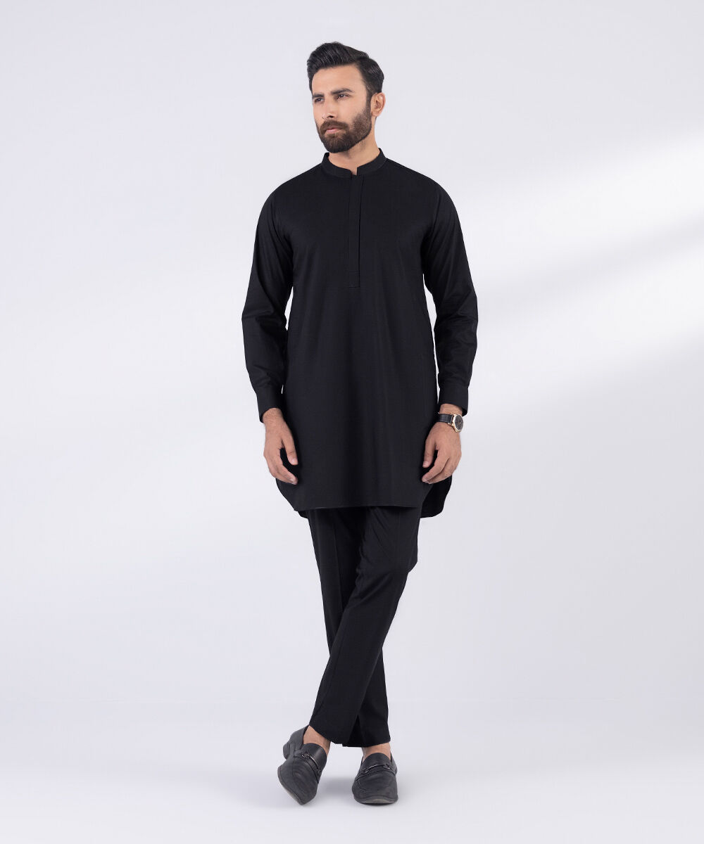 Men's 100% Cotton Stitched Plain Black Stitched Suit