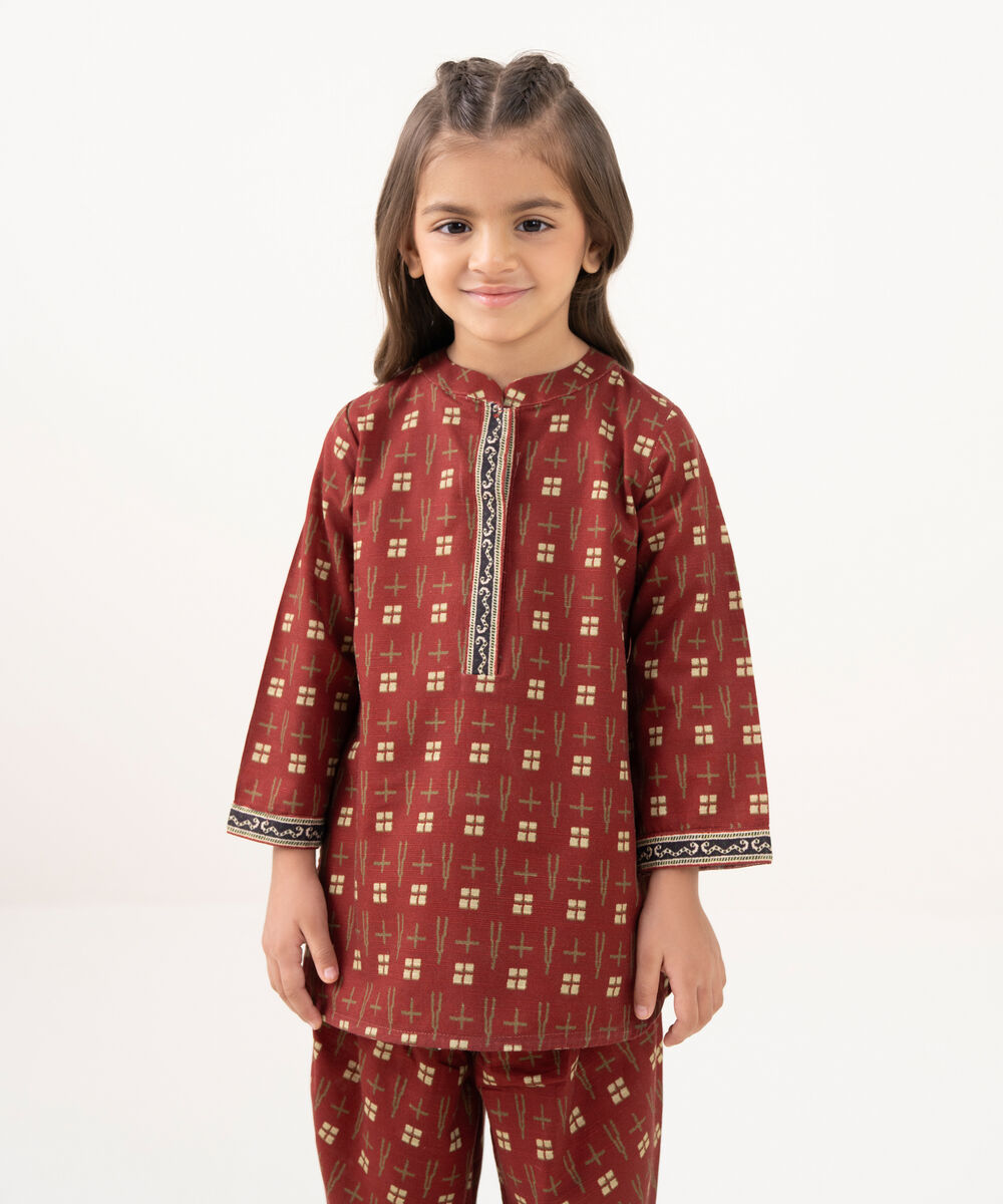 Girl's Light Khaddar Printed Maroon 2 Piece Suit