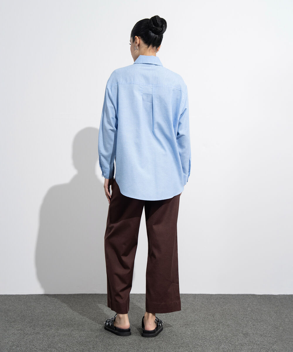 Women's Western Wear Blue Loose-Fit Oxford Shirt