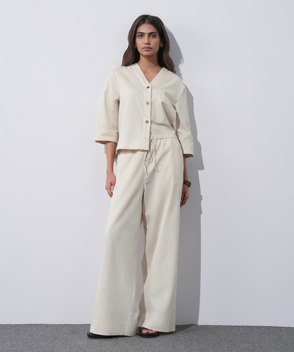 Women's Western Wear Beige Linen Blend Pull On Trousers