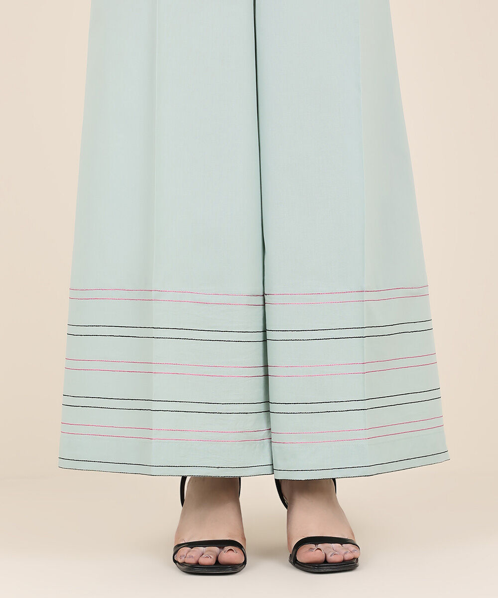 Women's RTW Cambric Blue Solid Flared Pants