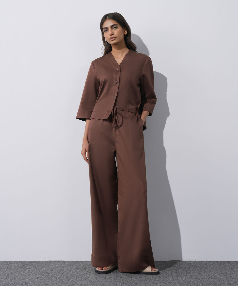 Women's Western Wear Brown V-Neck Linen Blend Shirt